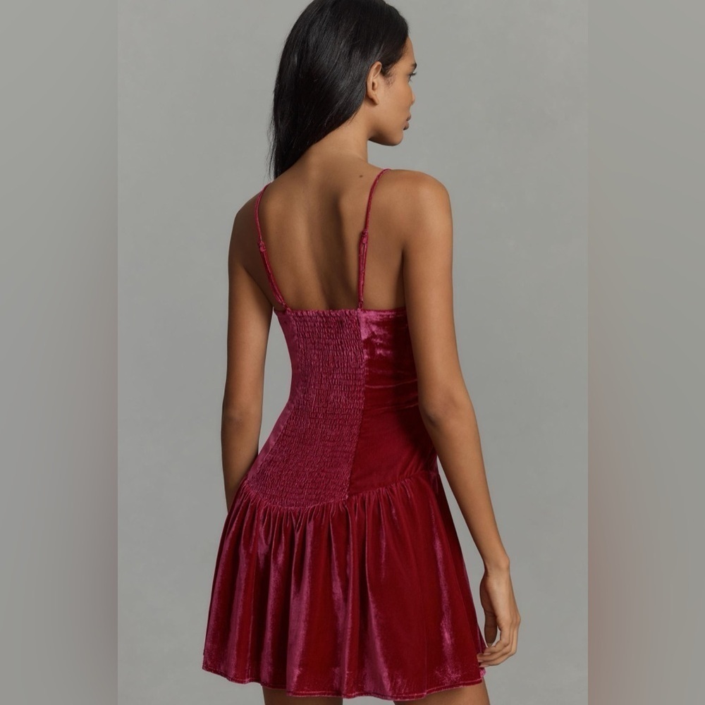 NWT! Anthropologie Pink Maeve Drop-Waist Velvet Mini Dress - Size Medium 🟢 - Picture 2 of 11